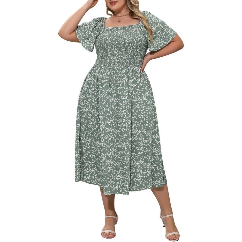 Plus Size Boho Summer Midi Dress Floral Pockets Casual Beach Wear